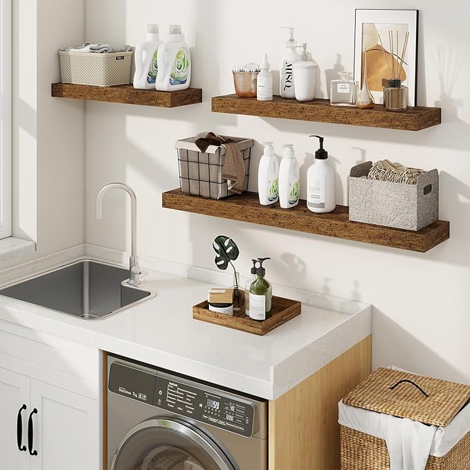 fuqing Floating Shelves for Wall, Bathroom Shelf Wall Mounted for Storage, Shelves with Invisible Bracket for Bedroom, Kitchen, Living Room, Farmhouse Small Book Shelf, 24 Inch Set of 2, Rustic Brown