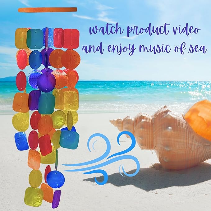 Bellaa 20414 Wind Chimes Outdoor, Garden Decorations, Musical, Indoor/Outside Windchimes, Beach, Ocean Breeze, Gifts for Mom, Gift for All Occasions, Capiz Sea Glass Shells Wood Purple 27 inch
