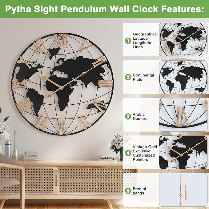 20 Inch Large Wall Clock for Living Room Decor,Big Modern Decorative Silent World Map Metal Wall Clock with Vintage Gold Roman Numeral for Office,Living Room,Kitchen,Dining Room