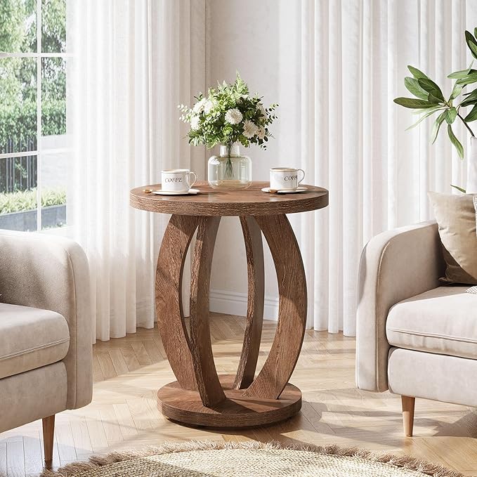 Tribesigns End Table, Round Side Table with Storage, Farmhouse Nightstand Bedside with Round Tabletop, Accent End Table for Living Room Bedroom Small Space, Wooden Accent Furniture (2, Brown)