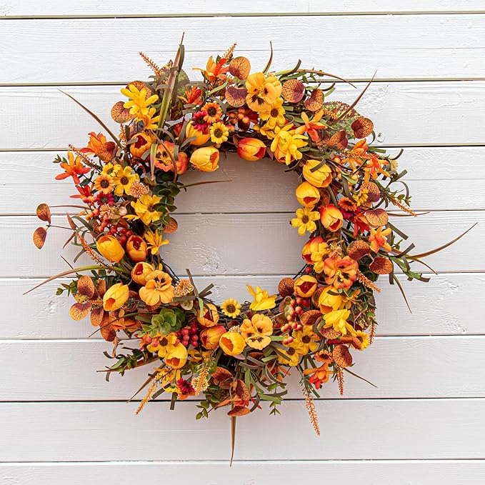 22 Inches Fall Wreaths for Front Door Rustic Autumn Wreath Farmhouse Fall Floral Wreaths with Tulips Orange Wildflowers for Wall Window Porch Indoor Outside