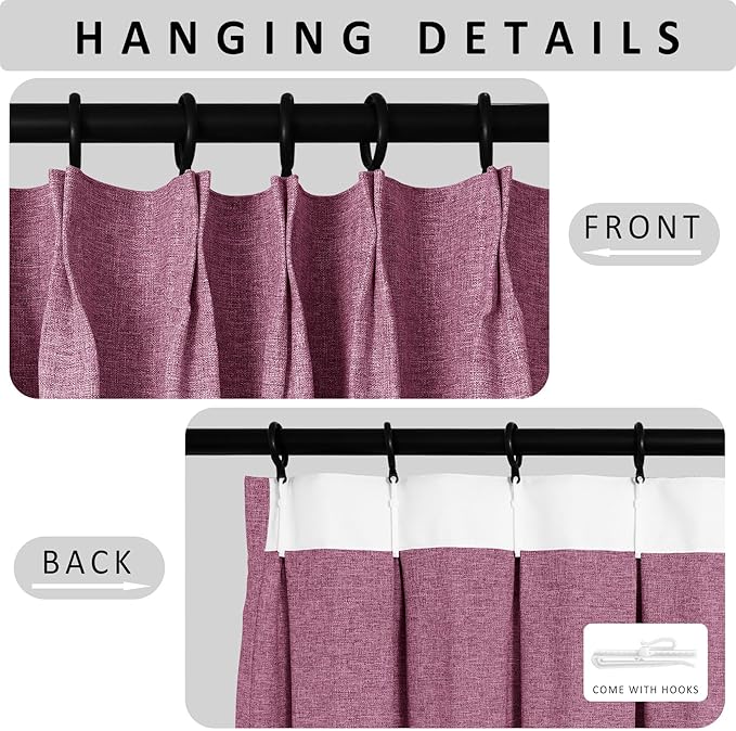Macochico 100% Blackout Pinch Pleated Linen Curtains 84 Inch Length Thermal Blackout Curtains for Bedroom Living Room Nursery Lilac Farmhouse Burlap Curtains with Tieback 52”Wx84”L 1 Panel