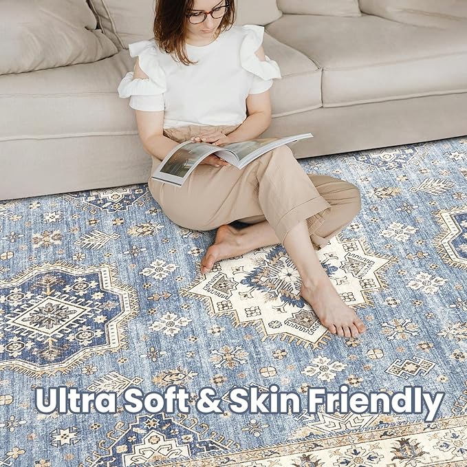 Washable Area Rugs for Living Room -10x12 Neutral Vintage Distressed Floral Farmhouse Boho Large Soft Floor Rug Indoor Non Slip Carpet for Living Room Bedroom Dining Room Office - Blue