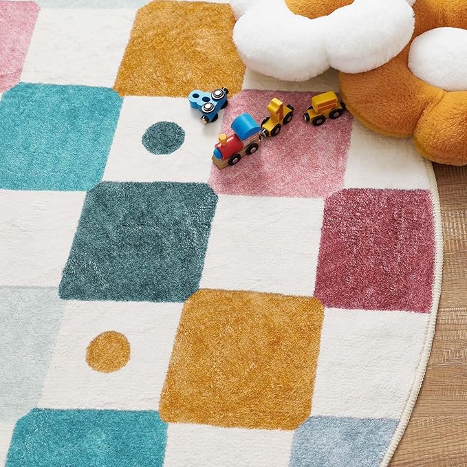 jinchan Round Rug 4ft Kids Washable Rug Indoor Floor Cover Non-Slip Soft Modern Elementary School Classroom Colorful Diamond Carpet for Nursery Daycare Bedroom Playroom Living Room Confetti on Cream