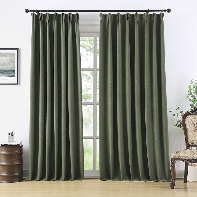 RAIN CITY Extra Wide Linen Blackout Curtains & Drapes with Hooks 70 in Width for 60&72 Inch Window 2 Panels,Back Tab Pleated Curtains for Track System Sliding Glass Door 70x90,Loden Olive Green