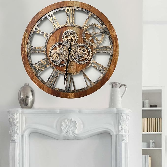 The Gears Clock The Original Real Moving Gear Wall Clock Vintage Industrial Oversized Rustic Farmhouse (24 inch (60cm), Vintage Brown)