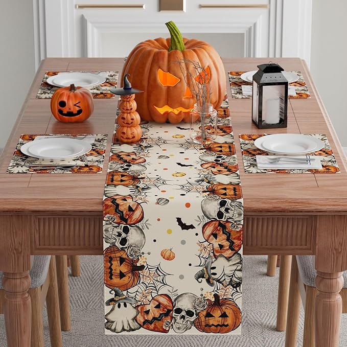 XCHI Spooky Skeleton Ghost Pumpkin Halloween Table Runner Party Table Decoration for Home Kitchen Dining Holiday Decor 13x90 Inch