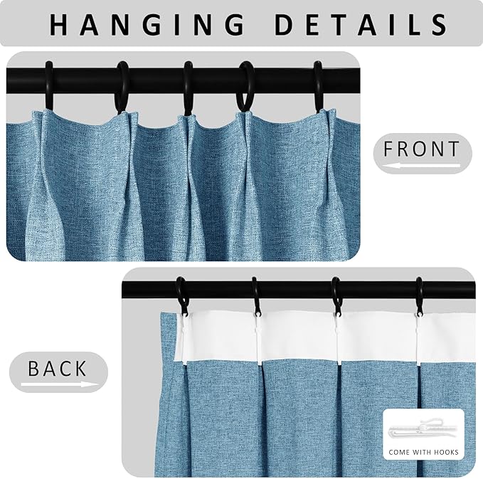 Macochico 52”Wx96”L 100% Blackout Curtains for Bedroom Living Room Nursery Blue Pinch Pleated Linen Curtains Farmhouse Burlap Drapes Thermal Window Panels with Hooks and Tieback 1 Panel
