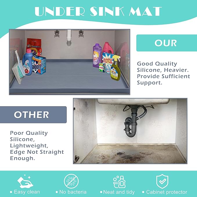 URMONA Waterproof Silicone Under Sink Mat 19'' x 12'' Shelf Liner for Kitchen and Bathroom, Cabinet and Counter Protector, Storage and Organizers, Litter Mat, Pet Cat Puppy Essentials(Cream)