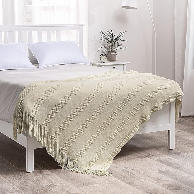 MIULEE Knitted Beige Throw Blanket Soft Sofa Knit Blanket for Couch 50 x 60 Inches, Solid Cozy Lightweight Wave Pattern Decorative Blankets with Tassels for Women, Kids and Babys