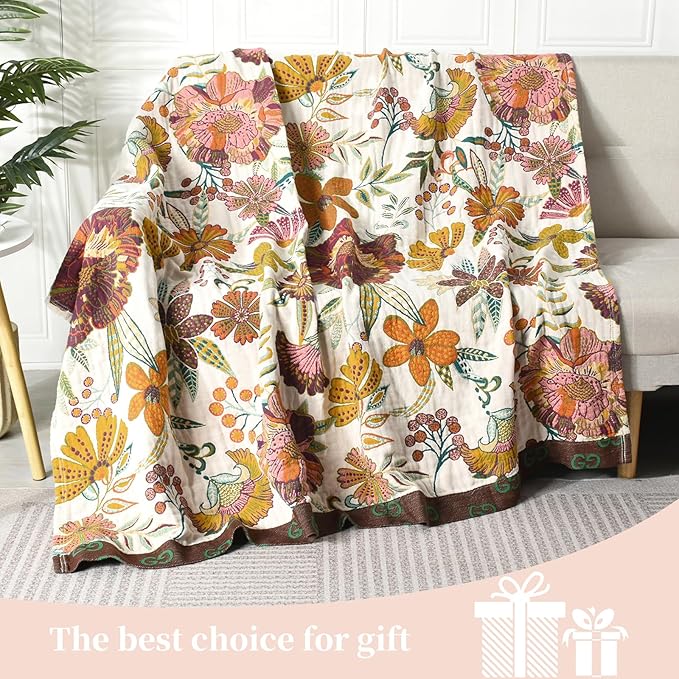 Boho Throw Blanket for Bed - 100% Pure Cotton Ultra Soft Rustic Quilt - Farmhouse Decor Bed Blankets, All Season Rustic Throw for Sofa Couch Chair(60"×80", Floral Blossom)