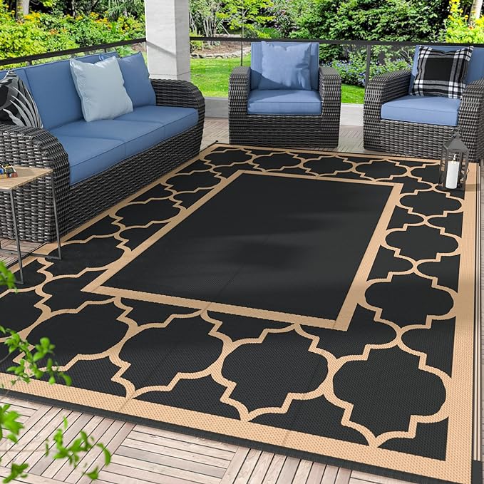 GENIMO Outdoor Rug 8' x 10' Patio Waterproof, Foldable Reversible Plastic Straw Area Rugs Mat for Camper Decor, Outside Carpet for Rv, Deck, Porch, Picnic, Beach, Balcony, Black & Brown