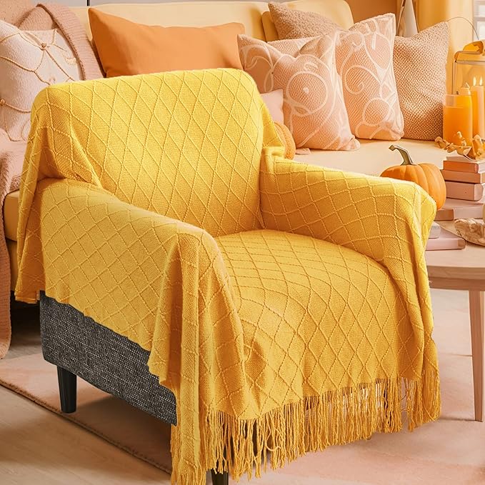 inhand Knitted Fall Throw Blanket for Couch and Bed, Knit Fall Decor Halloween Blanket with Tassel, Mustard Yellow Lightweight Decorative Farmhouse Warm Woven Blankets and Throws for Women, 50"x60"