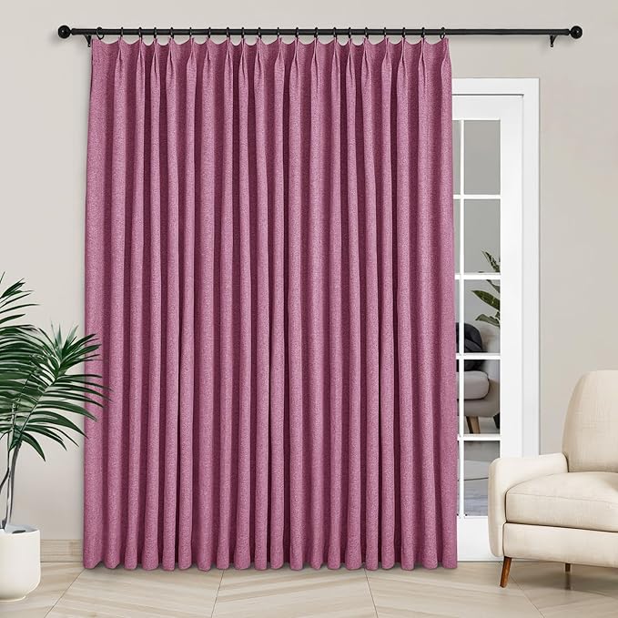 Macochico 120”Wx102”L 100% Blackout Linen Curtains Pinch Pleated Thermal Panels for Sliding Door Bedroom Living Room Farmhouse Shabby Chic Lilac Burlap Curtains with Tieback 1 Panel