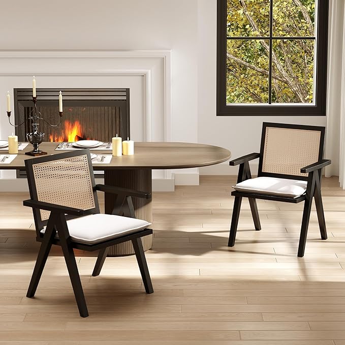 Rattan Dining Chairs Set of 2, Farmhouse Wicker Dining Chairs with Removable Linen Cushion Accent Cane Armchair for Dining Room Kitchen Restaurant, Black