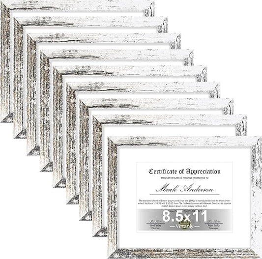 Vittanly 8.5x11 Picture Frames Set of 9, Shatter Resistant Plexiglass, Display 6x8 Pictures with Mat or 8.5x11 without Mat, Photo Frames for Wall or Tabletop, Engineered Wood, Distressed White
