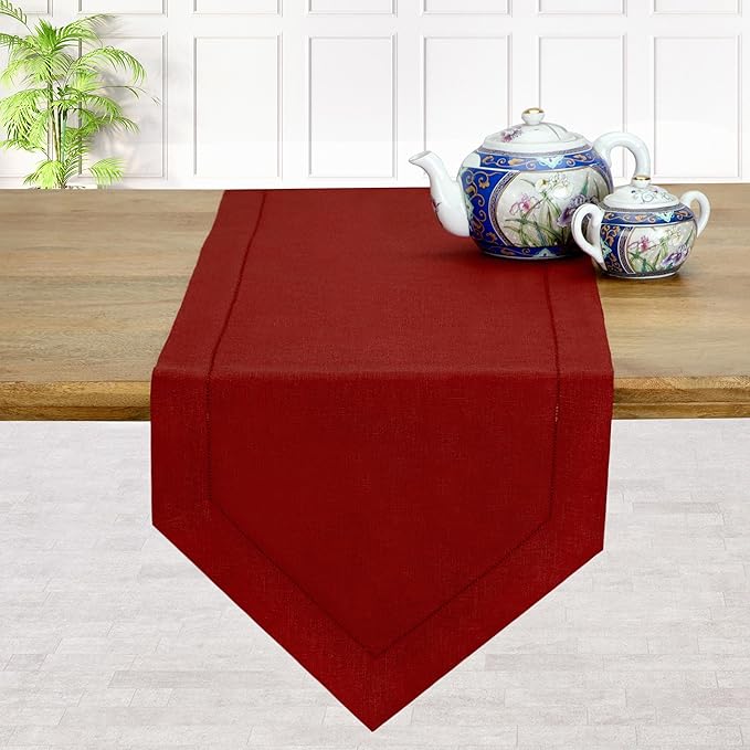 D'Moksha Homes Red Linen Table Runner 48 Inches Long - 100% Pure Linen Diamond Table Runner 14 x 48 Inch for Dining, Fall and Halloween - Machine Washable