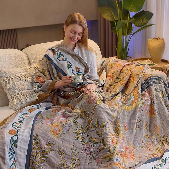 Boho Blanket, 100% Cotton Farmhouse Decorative Throw Blanket, 50"x60" Reversible Bohemian Throw Blanket, Brown All Season Muslin Breathable Woven Blankets Quilt