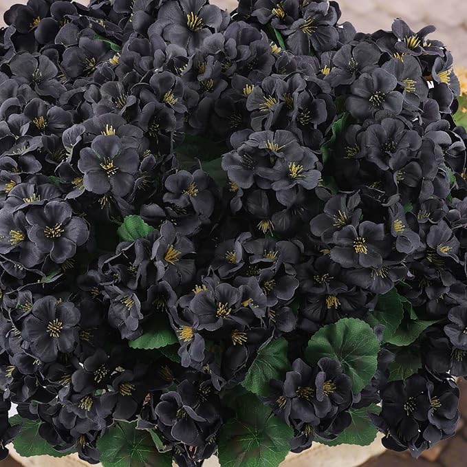 Hananona 6 Bundles Artificial Geranium Flowers for Outdoors Black Silk Geranium Flowers Outdoor UV Resistant Plants Faux Black Flower for Home Kitchen Halloween Table Centerpieces Decor (6, Black)