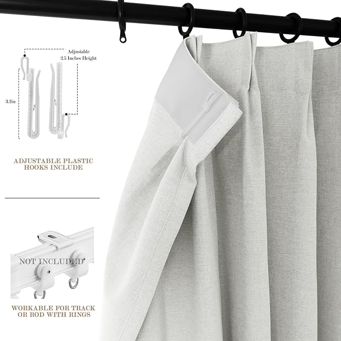 Extra Wide 100% Blackout Linen Textured Curtains - Room Dividers, W200 x L96 (1 Panel), Pinch Pleat Drapes for Living Room, Full Light Block Out Drapery for Sliding Door, Greyish White