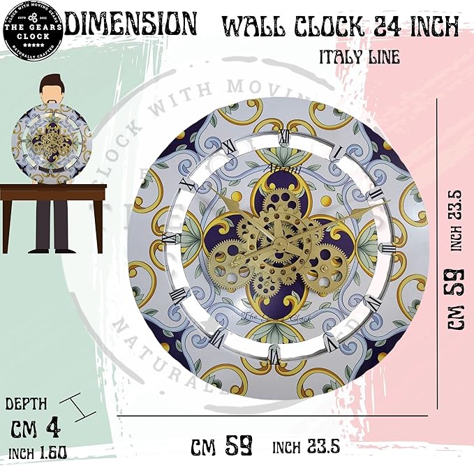 The Gears Clock Wall Clock Italy Collection with Moving Gears (Meta, 24 inch Round)