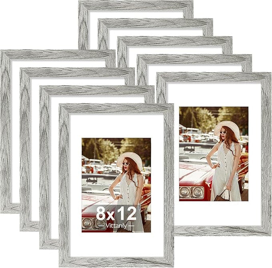 Vittanly 8x12 Picture Frames Set of 9, Shatter Resistant Plexiglass, Display 6x8 Pictures with Mat or 8x12 without Mat, Photo Frames for Wall or Tabletop, Engineered Wood, Grey
