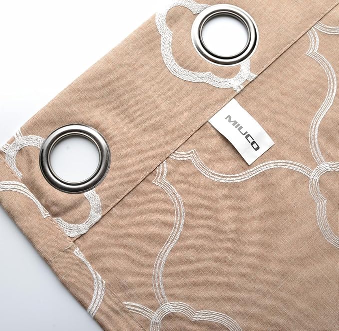 MIUCO Moroccan Embroidered Semi Sheer Curtains Faux Linen Grommet Curtains for Living Room 52 x 84 Inch 2 Panels Set, Taupe