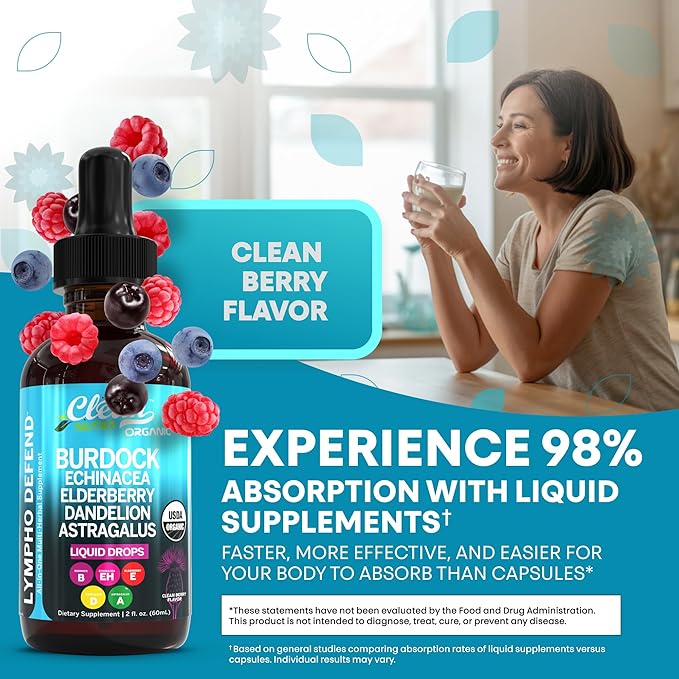 Organic Lymphatic Drainage Supplement | Lymphatic Support Drops | Burdock Root Echinacea Elderberry Dandelion Astragalus Milk Thistle Sea Moss Red Clover Cleanse Marigold Drop by Clean Nutra