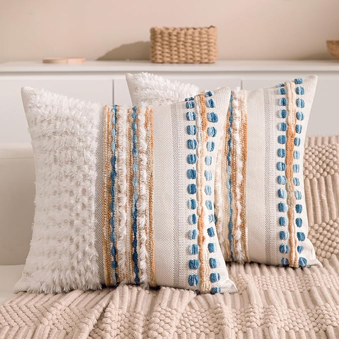Boho Chenille Tufted Couch Throw Pillow Covers 18x18 Inch Set of 2 Farmhouse Striped Decorative Pillow Covers Accent Neutral Pillowcase Caramel Brown Blue Cushion Cover for Livingroom Sofa Bed