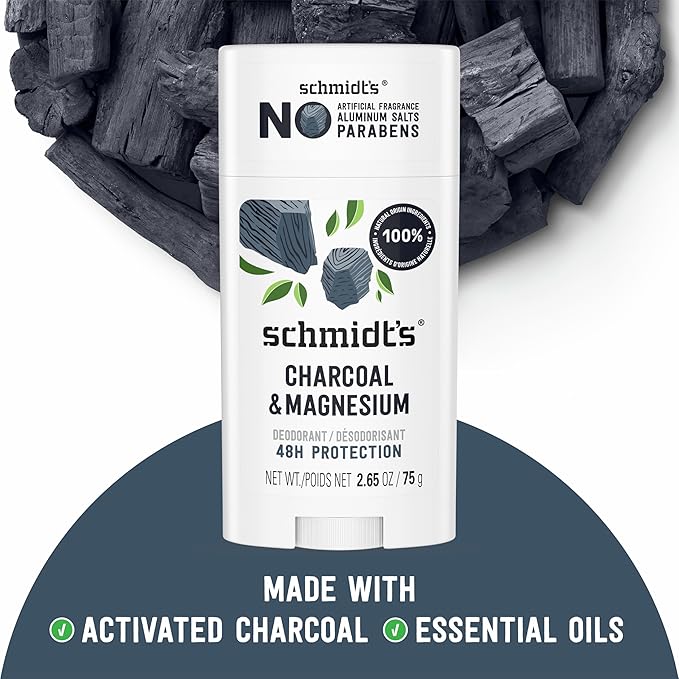 Schmidt's Aluminum-Free Vegan Deodorant Charcoal & Magnesium with 24 Hour Odor Protection, for Women and Men, Natural Ingredients, Cruelty-Free, 2.65 oz