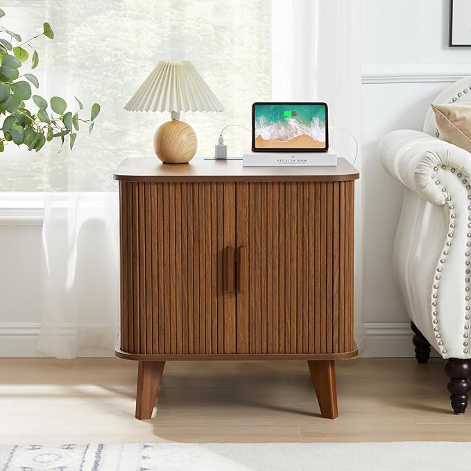 Farmhouse Square End Table with Charging Station, 24" Large Fluted Sofa Side Table with Sliding Tambour Door and Storage, Rustic Curved Wood Nightstand for Living Room, Bedroom, Walnut