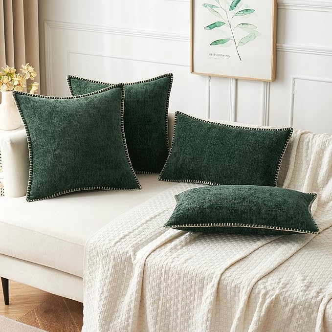 MIULEE Pack of 2 Christmas Pillow Covers 12x20 Inch Dark Green Farmhouse Decorative Throw Pillow Covers with Stitched Edge Soft Chenille Solid Dyed Couch Pillow Covers for Sofa Bed Living Room