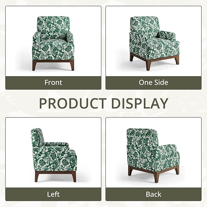 Floral Accent Armchair Set of 2, Retro Wingback Upholstered Armchair with Wide Dipped Back Design and Wooden Legs, High Back Armchair, Leisure Single Sofa Chair for Living Room, Bedroom, Green