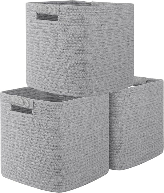 OIAHOMY Storage Cubes 11 Inch Bins-3-Pack, Cotton Rope Woven Baskets for Organizing, Square Storage Baskets for Shelves, Classroom, Kids Toy Bins, Closet, Baby Nursery-Grey
