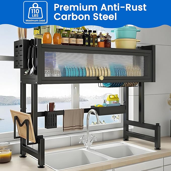 Dish Drying Rack, 3-Tier Over Sink Dish Drying Rack, 33.5" Over Sink Dish Rack for Small Kitchen, Space-Saving Dish Rack with Cover, Baskets, Utensil, Large Sink Storage Organizer Black
