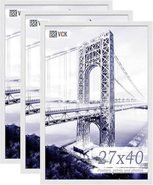 VCK 27x40 Solid Wood Poster Frames Set of 3, Exclusive Woodgrain White Picture Frame, Wall Mounting Hanging