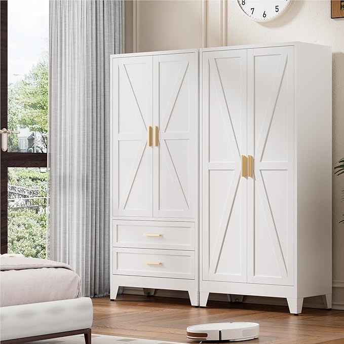 71'' Farmhouse Metal Wardrobe Cabinet with Hanging Rod, 2 Barn Door Wardrobe Closet with Adjustable Shelves,2 Drawer,for Dining Room,Bedroom,Living Room, Cloak Room,Office (White)