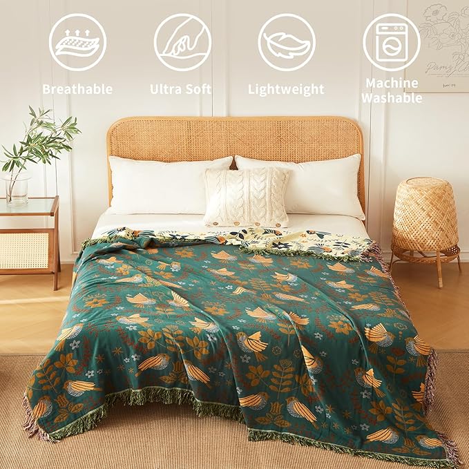 Luxury Throw Blanket Cotton Muslin Throw Blanket for Couch Breathable Floral Blanket Throw for Sofa Couch Chair Home Decoration (80"x90",01-Cute Bird)