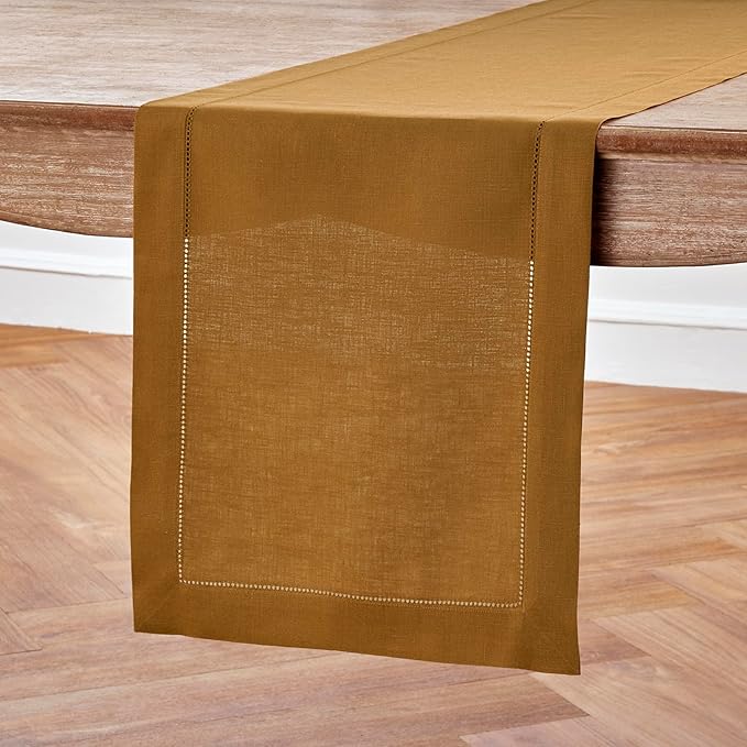 Solino Home Linen Brown Sugar Table Runner 108 Inches Long - 100% Pure Linen 14 x 108 Inch Table Runner for Fall, Autumn, Thanksgiving - Classic Hemstitch