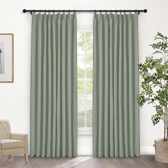 Macochico Pinch Pleated 100% Blackout Curtains Fog Green Linen Curtains for Bedroom Living Room Farmhouse Thermal Insulated Window Panels Pleated Curtains with Hooks and Tieback 52”Wx72”L 1 Panel