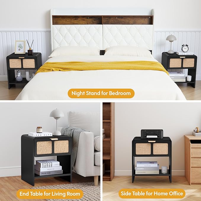 LEVNARY Nightstand Set of 2, Mid-Century Modern Bedside Table with Charging Station and Fabric-Like Textured Drawer, Wooden End Table for Farmhouse Bedroom Living Room (2, Black)