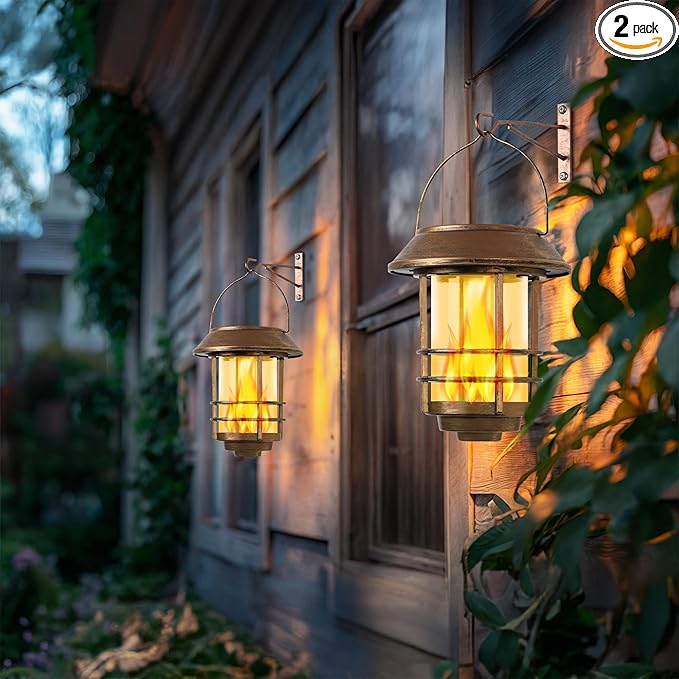 Otdair Solar Wall Lantern Outdoor, Flickering Flames Solar Sconce Lights Outdoor, Hanging Lamps Wall Mount for Front Porch, Patio and Yard, 2 Pack, Yellow Bronze