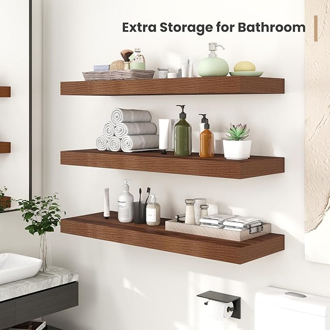 Heimlove 12 Inch Deep Floating Shelves, 48 x 12 inches Long Wall Shelf, Large Display Shelf & Storage Shelf, Rustic Wood Wall Shelves for Fireplace Mantel, Set of 2(Walnut)