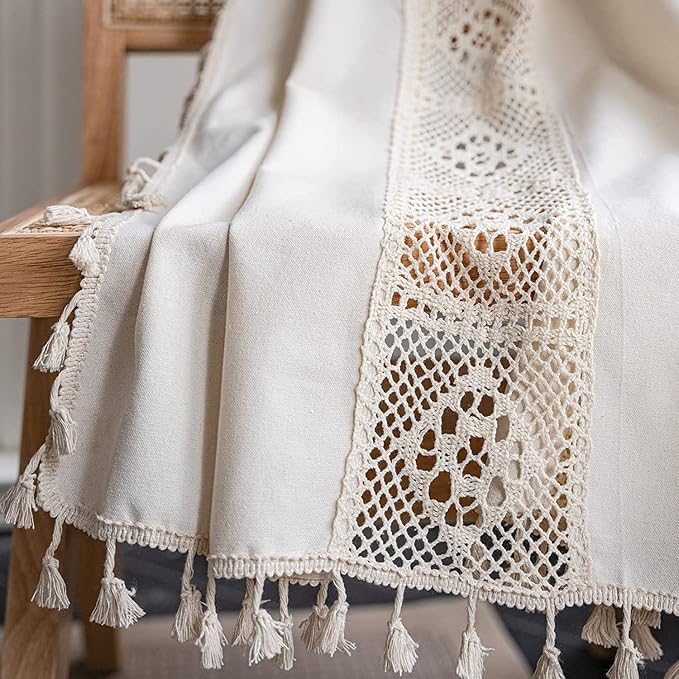 Sutuo Home Boho Curtain Crochet Lace Patchwork Semi-Blackout Bohemian Handmade Tassels, Rod Pocket Window Treatment Vintage Rustic Farmhouse Drapes for Bedroom, 1 Panel 59" W x 108" L, Beige