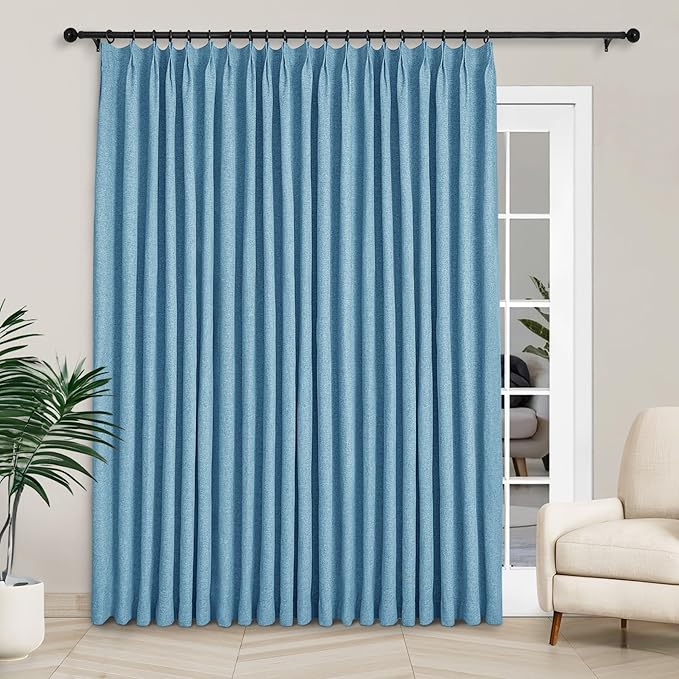 Macochico 100”Wx96”L Pinch Pleated 100% Blackout Linen Curtains Thermal Sliding Curtains for Bedroom Living Room Sliding Glass Door Farmhouse Shabby Chic Blue Drapery with Tieback 1 Panel