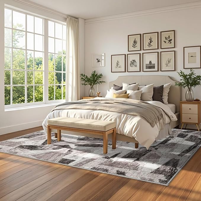 Modern Abstract 8X10 Area Rug for Living Room Bedroom Washable, with Non-Slip Rubber Backing Print Faux Wool Thin, Grey Throw Large Carpet for Kids Playroom Dining Room Pet & Child Friendly