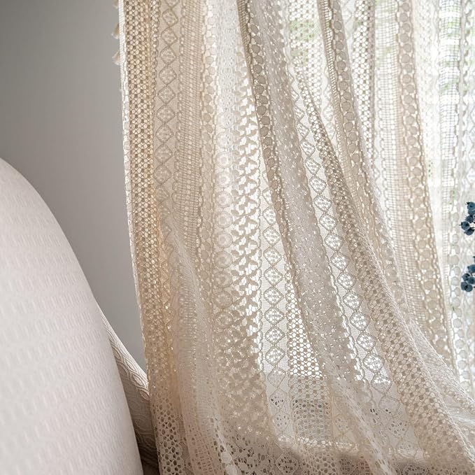 Sutuo Home Boho Curtains Crochet Lace Sheer Bohemian Stylish with Tassels, Window Treatment Privacy Vintage Rustic Farmhouse Drapes for Bedroom Living Room, Rod Pocket 1 Panel 59" W x 102" L, Beige
