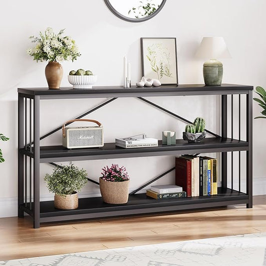 LVB Black Console Table, Modern Entryway Table for Hallway Living Room, Industrial Sofa Table Behind Couch, Farmhouse Wooden Metal Entry Table for Foyer with 3-Tier Storage Shelves, Black Oak, 55 Inch