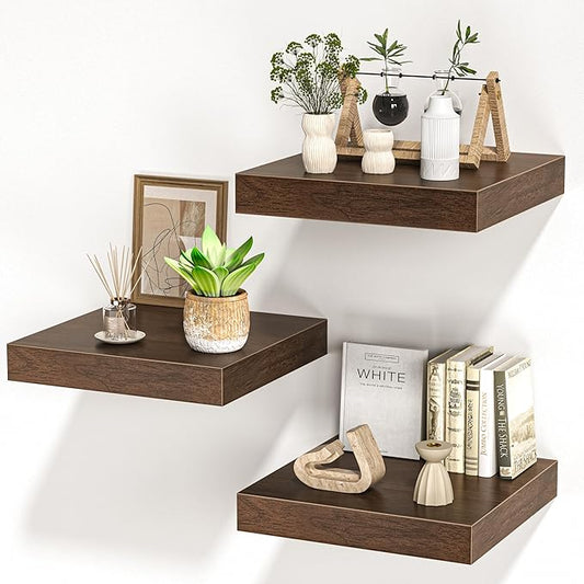 Square Floating Shelves for Wall, 12" W x 12" D x 1.2" H, Small Wooden Wall Mounted Display Shelves with Invisible Brackets for Living Room, Bedroom, Bathroom, Kitchen Decor, Set of 3, Walnut