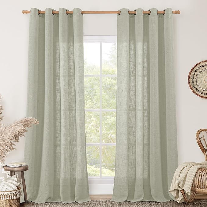 LAMIT 95 Inches Long Sheer Linen Curtains for Living Room 2 Panels, Light Filtering Country Rustic Drapes Farmhouse Window Treatment with Bronze Grommet for Bedroom, Sage Grey, 52 x 95 Inch